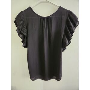 Ann Taylor Medium Black Pleated Upscale Short Sleeved Blouse EUC